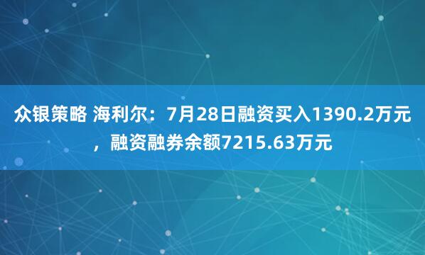 众银策略 海利尔：7月28日融资买入1390.2万元，融资融券余额7215.63万元